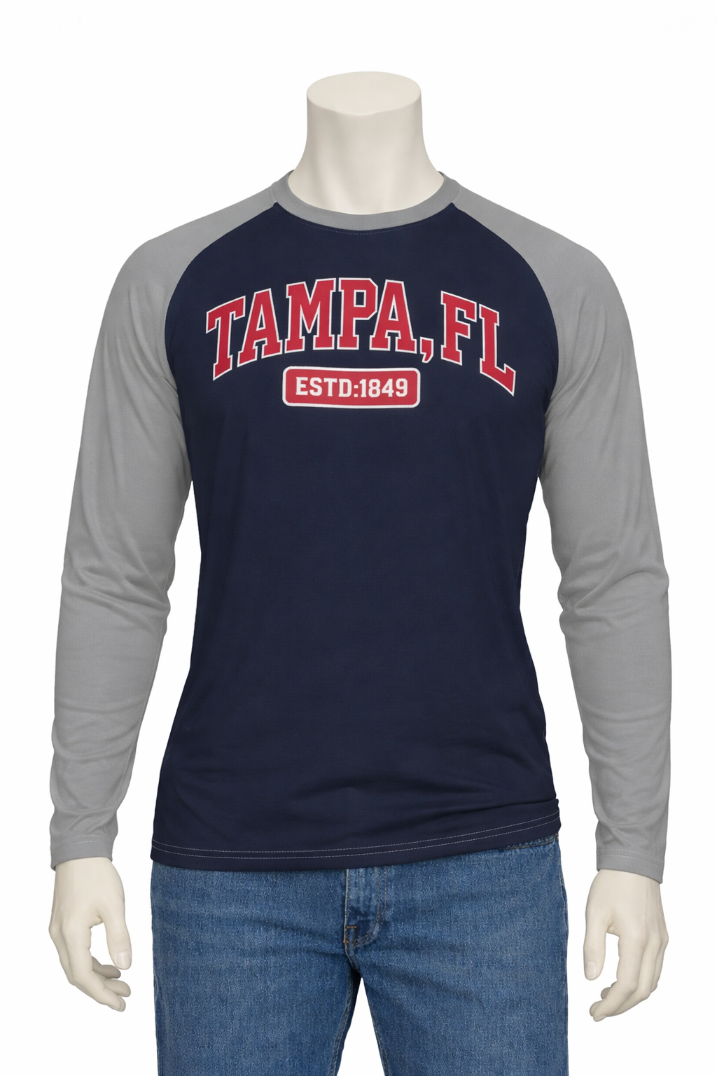 Navy and gray long-sleeve shirt with 'Tampa, FL' text on a mannequin.