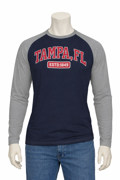 Navy and gray long-sleeve shirt with 'Tampa, FL' text on a mannequin.