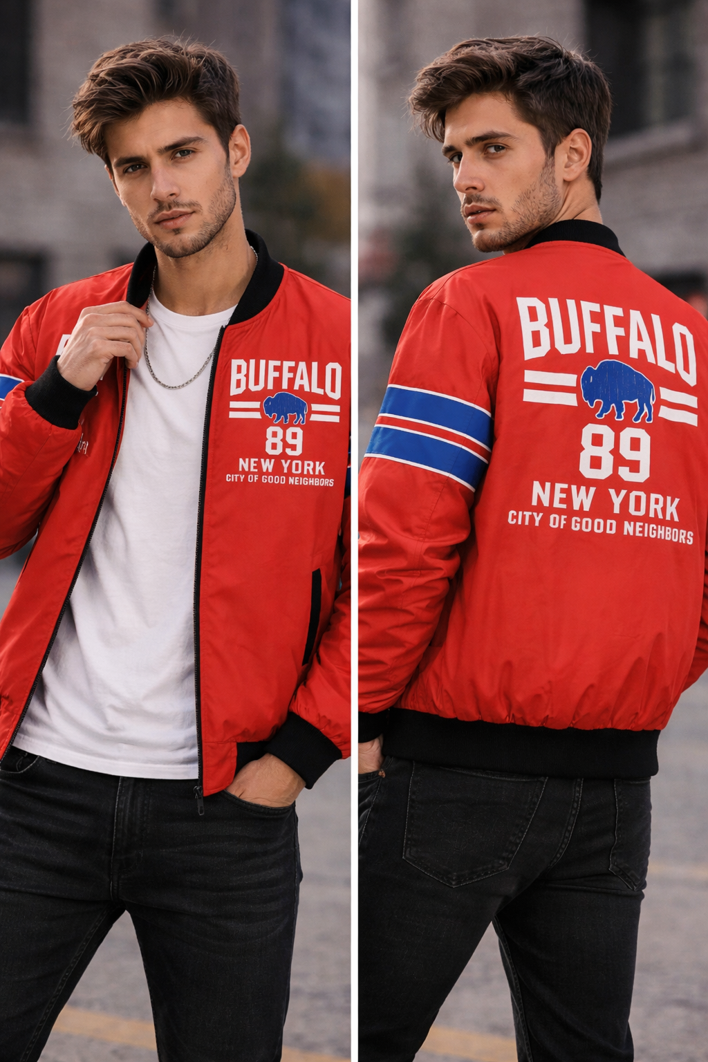 🔴 Buffalo Red Bomber Jacket – Unisex Vintage Football Style New York 89 streetwear fashion product image 6