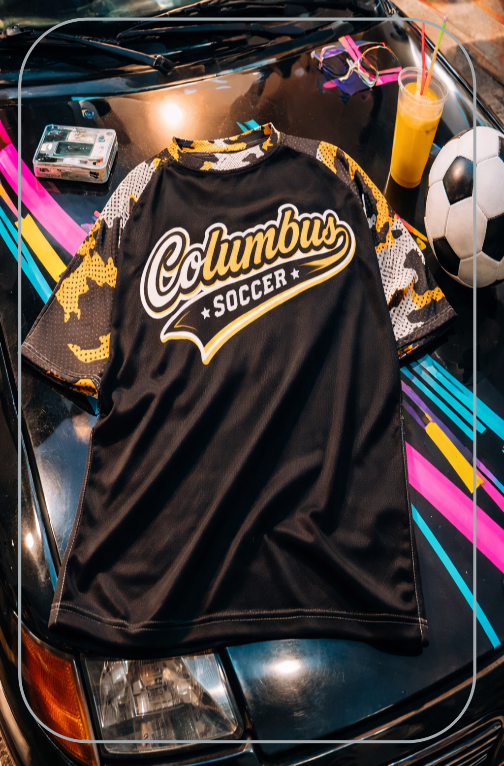 Black Columbus Soccer Black and Yellow Camouflage Sleeve Shirt – Retro Street Soccer Style Tee
