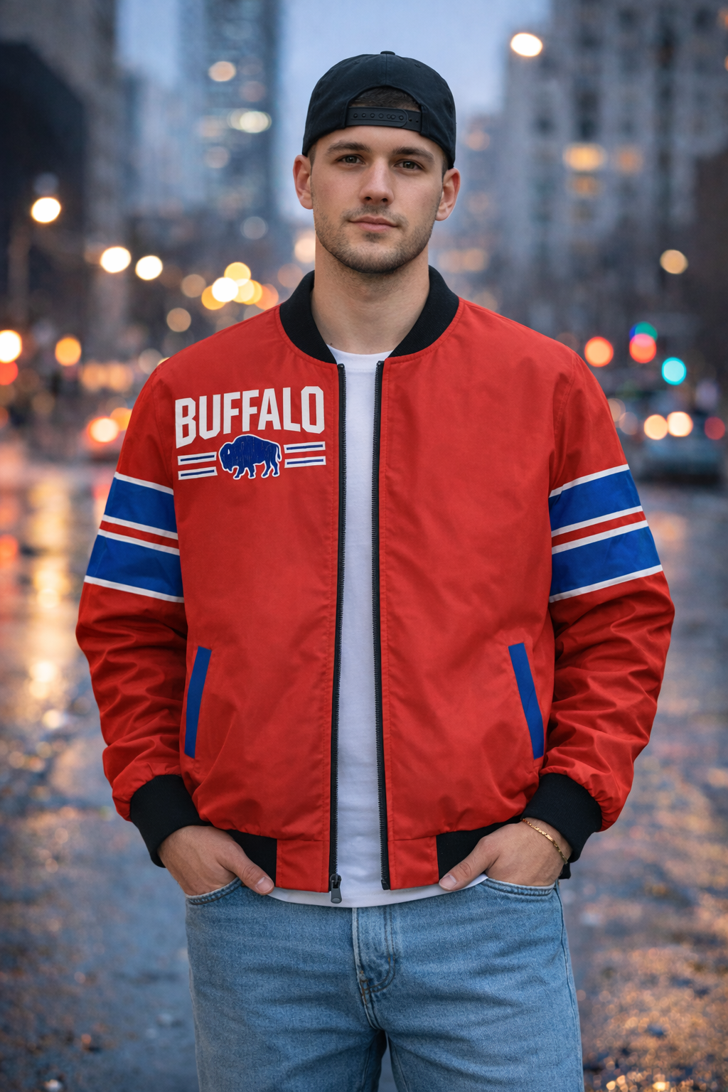 Buffalo Red Varsity Bomber Jacket – Football Game Day Streetwear Unisexen’s Fleece Jacket