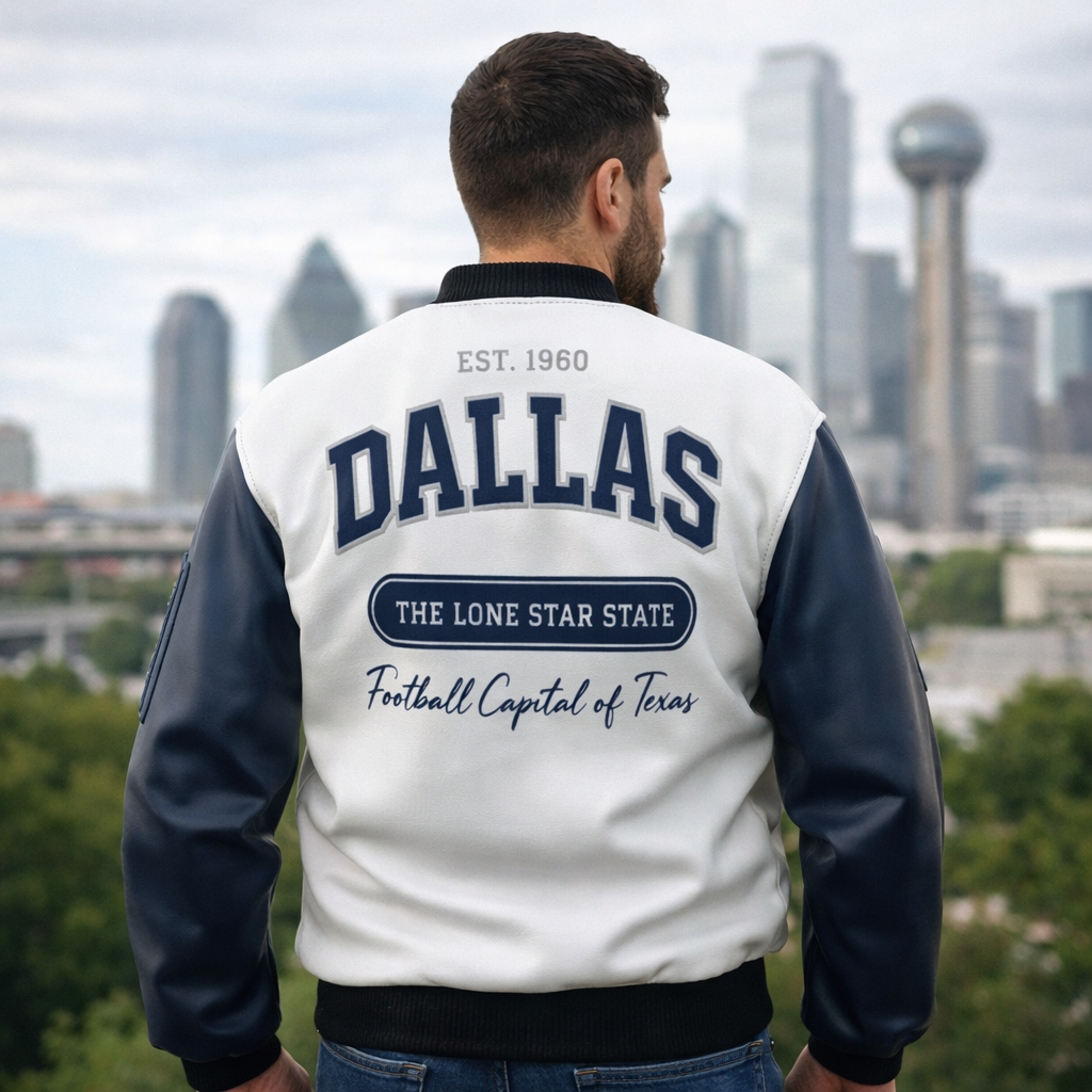Lavender Dallas Football Varsity Jacket – Lone Star State Texas Streetwear Bomber