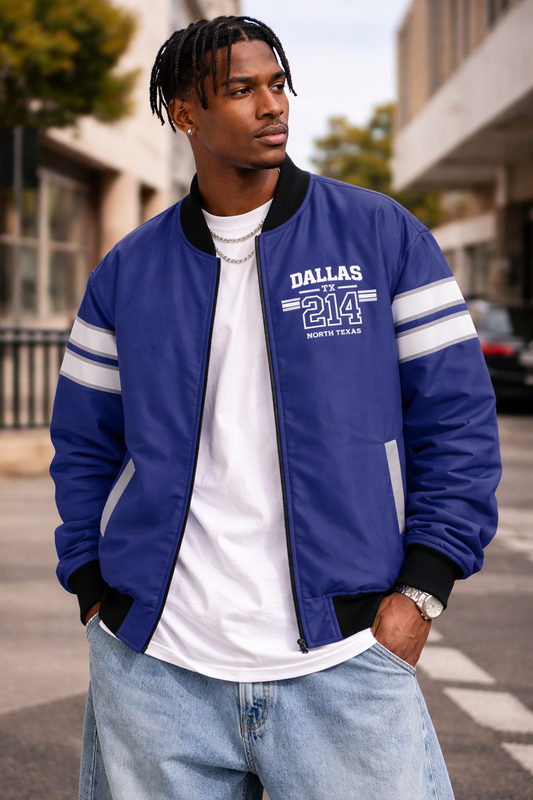 Dallas 214 North Texas Varsity Bomber Jacket – 90s Urban Streetwear Style