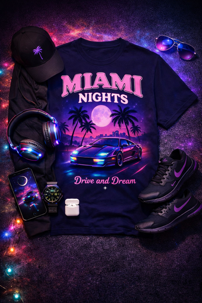 Black Miami Nights Drive and Dream Graphic T-Shirt – Neon City Streetwear Tee