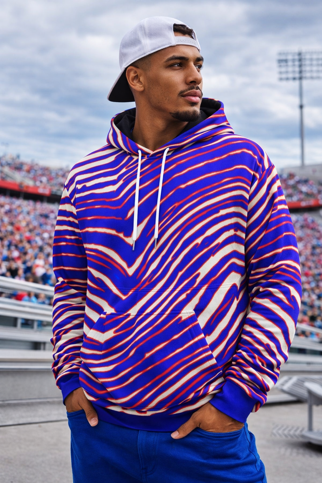 Buffalo Pullover Hoodie – Red Blue White Zebra Game Day Style