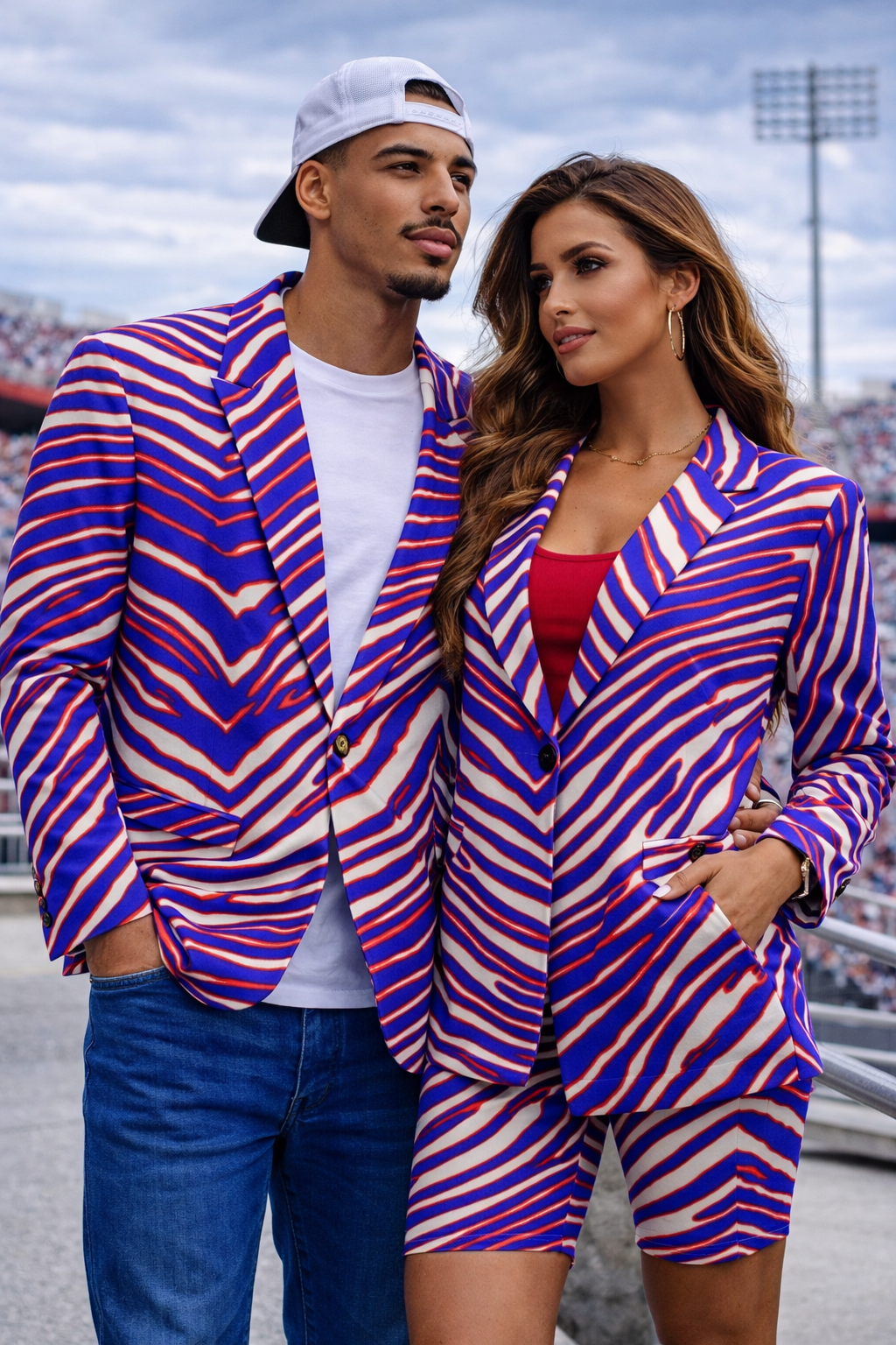Buffalo Zebra Retro Game Day Blazer – Football Statement Jacket (Red Blue White)