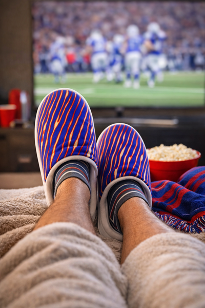 Dark Slate Gray Buffalo football Men's Plush Slippers – Red Blue White Zebra Game Day Style