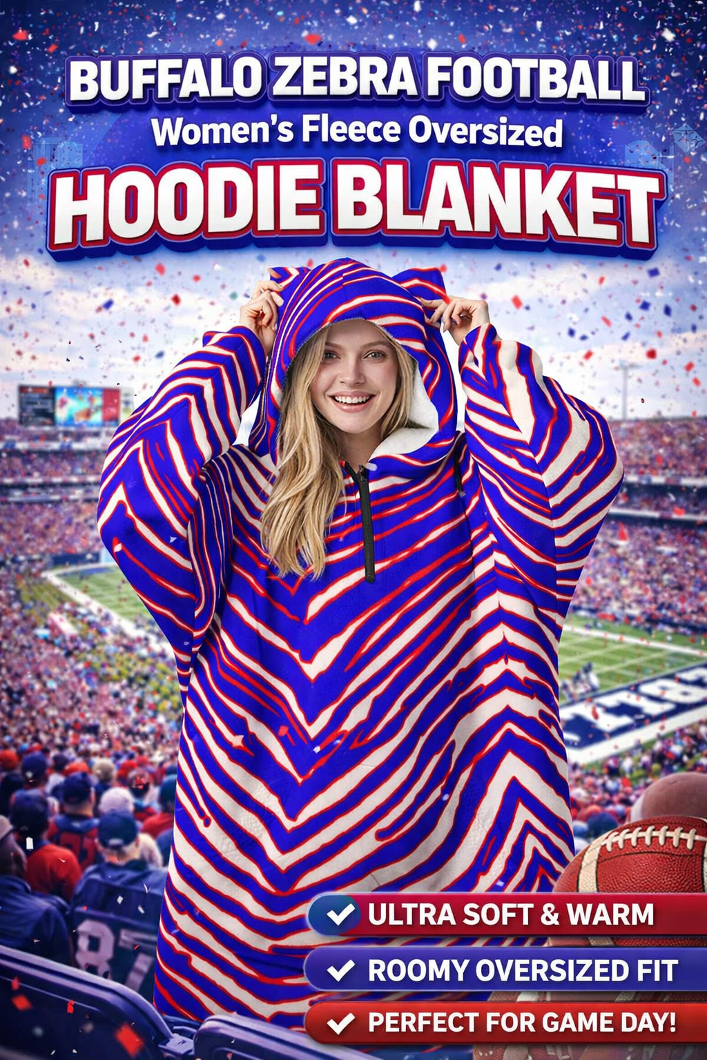 Lavender Buffalo Zebra Football Women’s Fleece Oversized Hoodie Blanket With Decorative Ears – Cozy Game Day