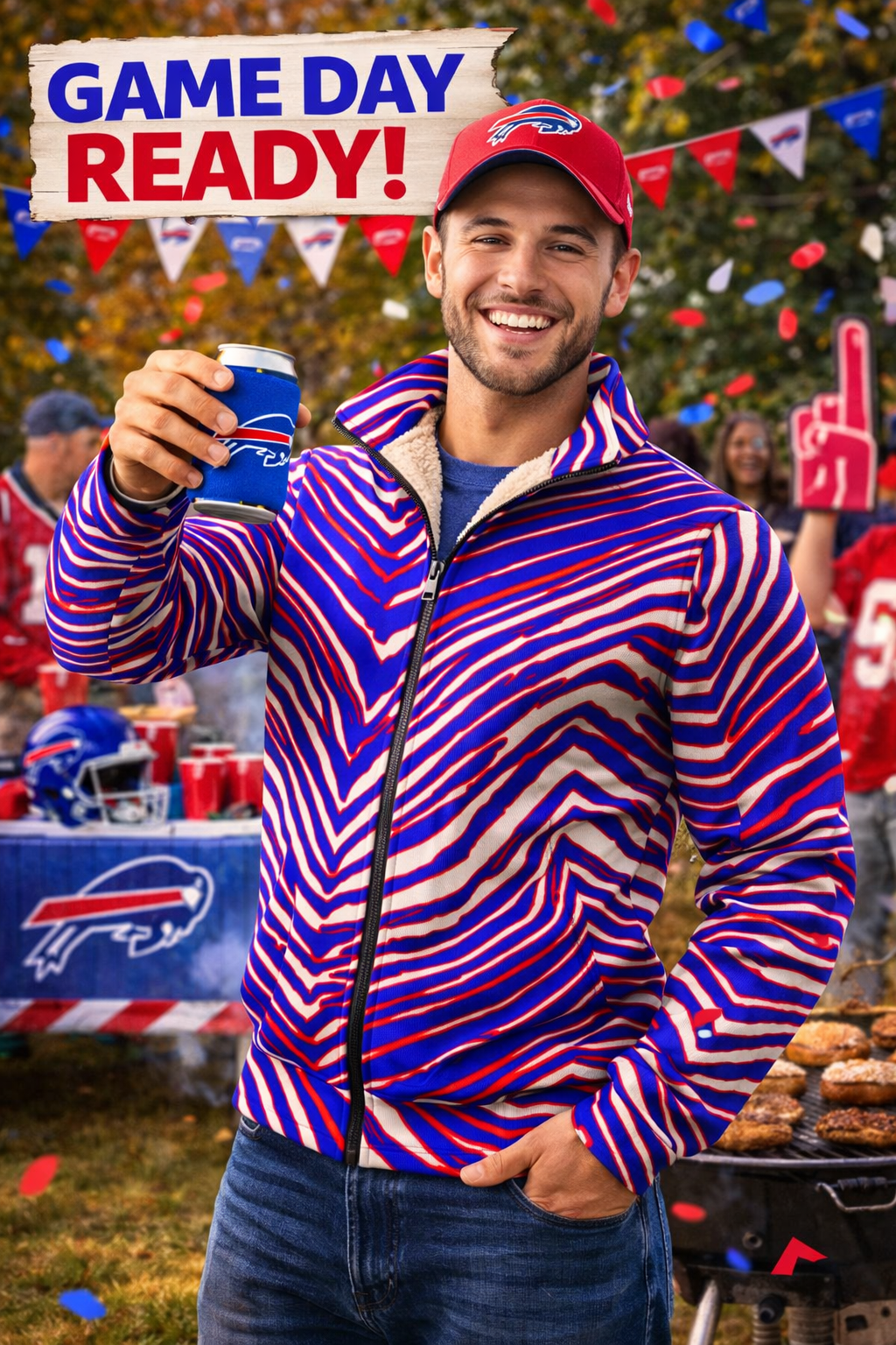 Buffalo Zebra Football Men’s Thick Knit Fleece Jacket – Retro Game Day Streetwear