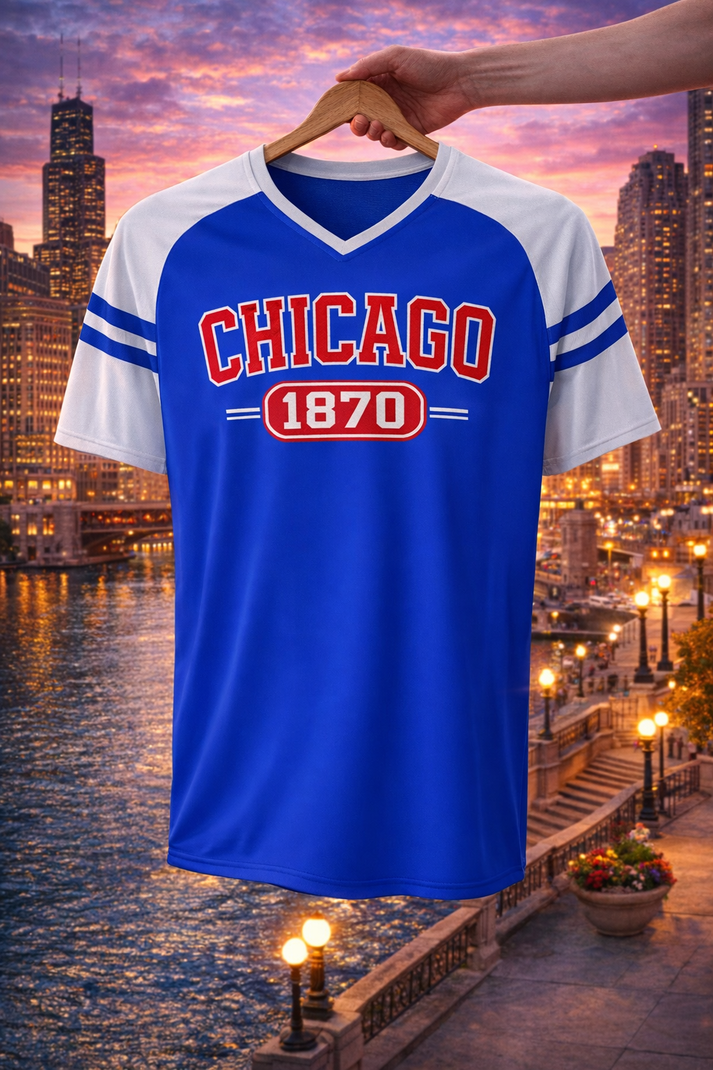 Blue and white sports jersey with 'Chicago 1870' text on a hanger against a cityscape background.