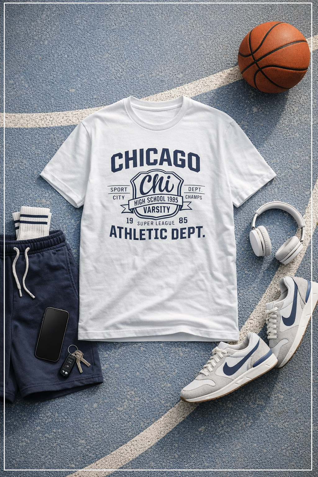 White t-shirt with 'Chicago Athletic Dept.' design on a basketball court with shorts, sneakers, and a ball.