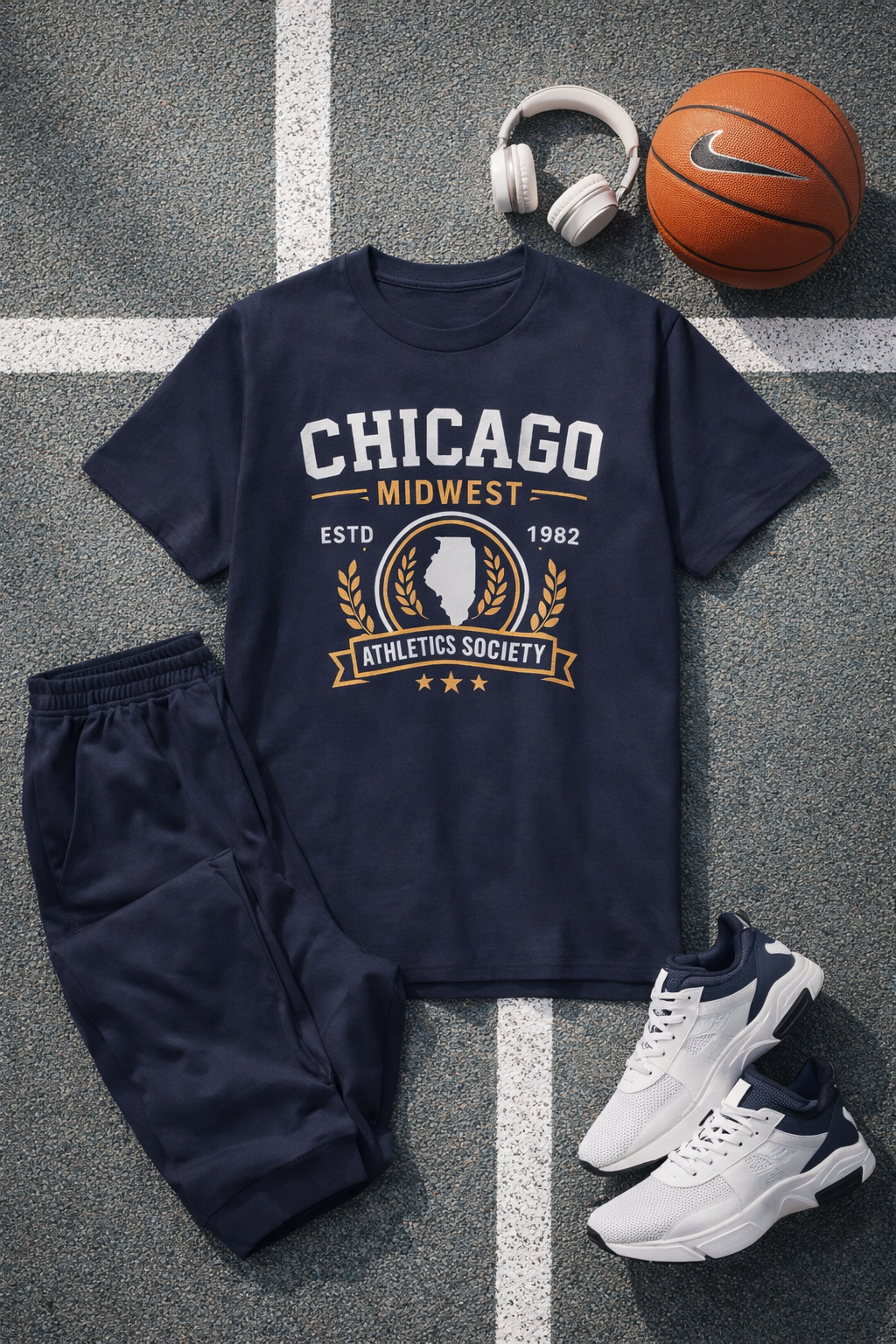 Navy blue t-shirt with 'Chicago Midwest Athletics Society' design, dark pants, white sneakers, basketball, and headphones on a gray surface.