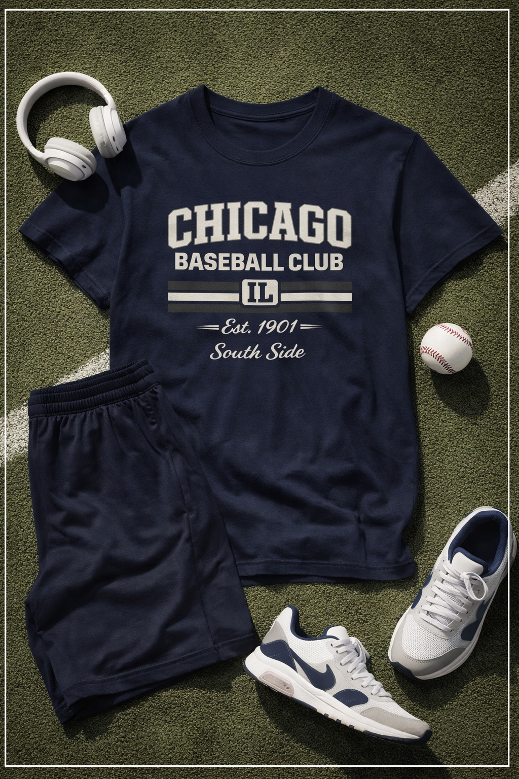 Navy blue t-shirt with 'Chicago Baseball Club' text, shorts, sneakers, and a baseball on grass.