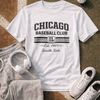 White t-shirt with 'Chicago Baseball Club IL' text on a baseball field background