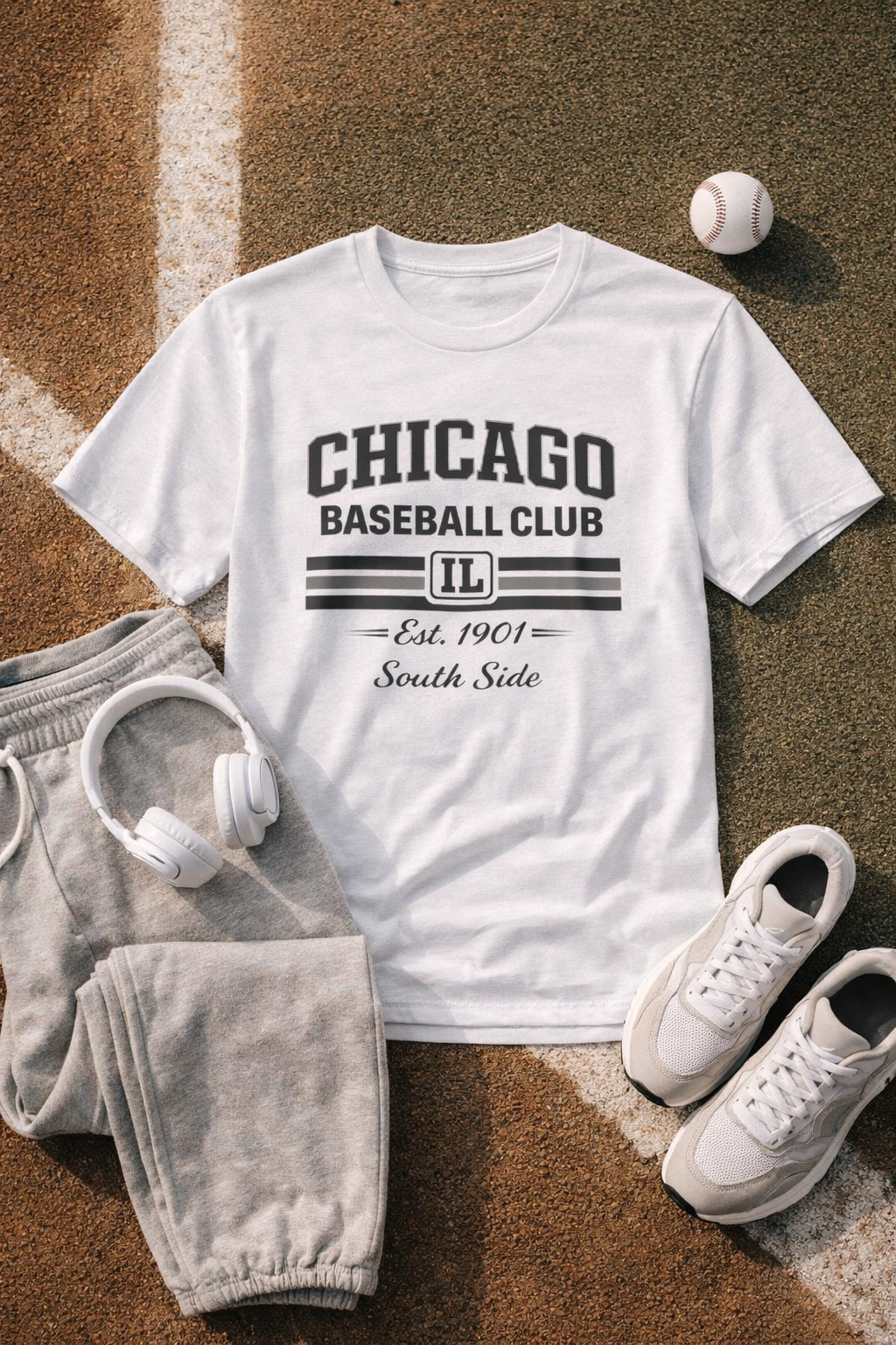 White t-shirt with 'Chicago Baseball Club IL' text on a baseball field background