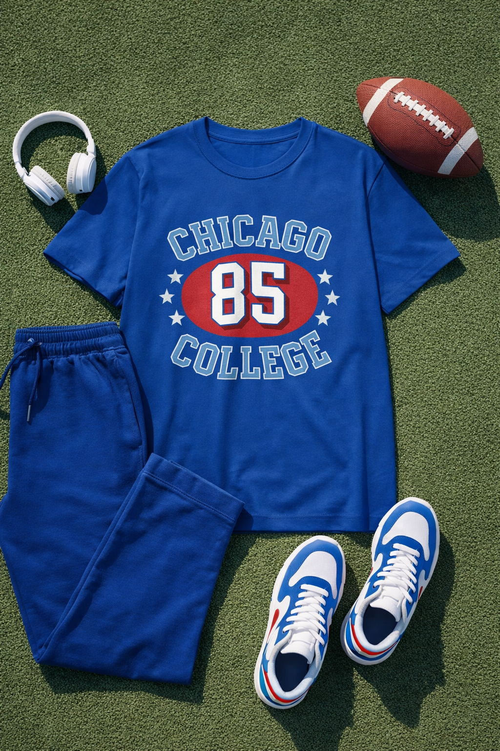Blue 'Chicago College 85' t-shirt with shorts, sneakers, headphones, and a football on grass.