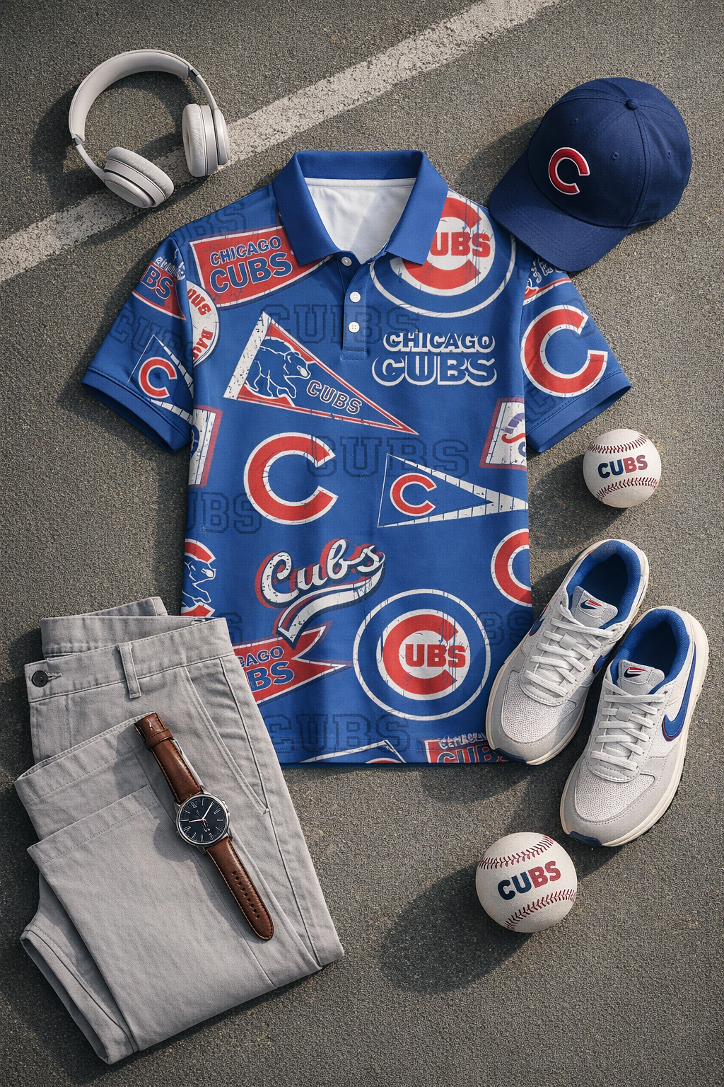 Collection of Chicago Cubs-themed clothing and accessories on a gray surface.