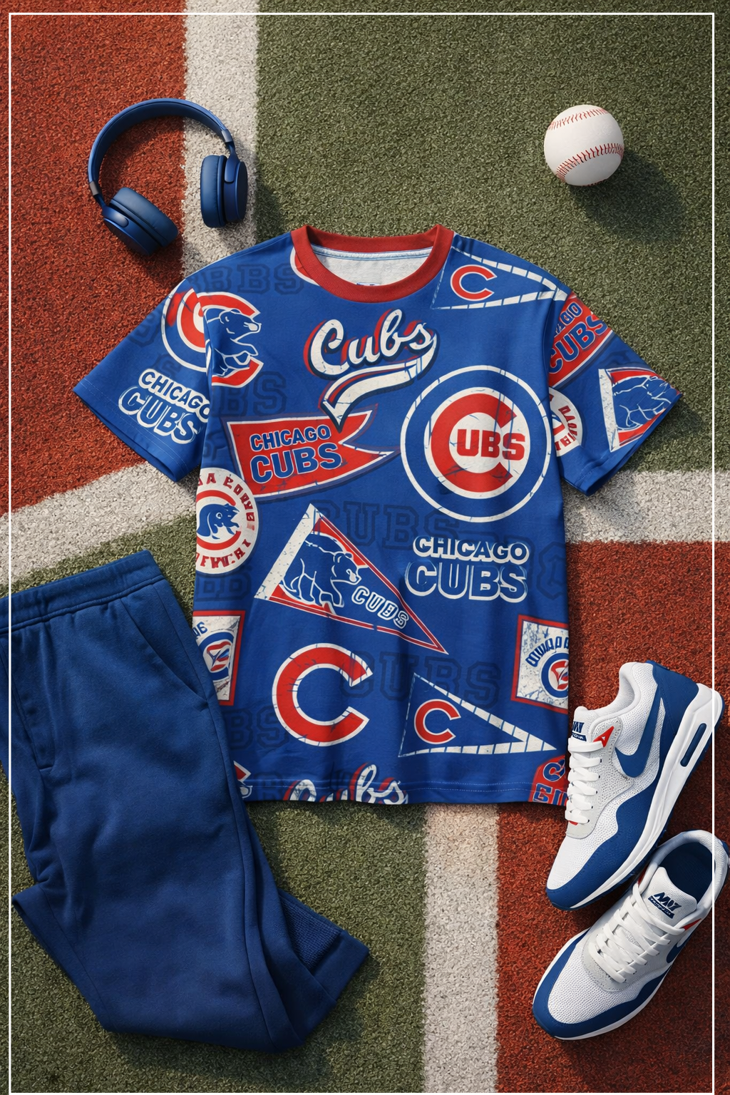 Chicago Cubs-themed t-shirt, pants, and shoes on a baseball field background