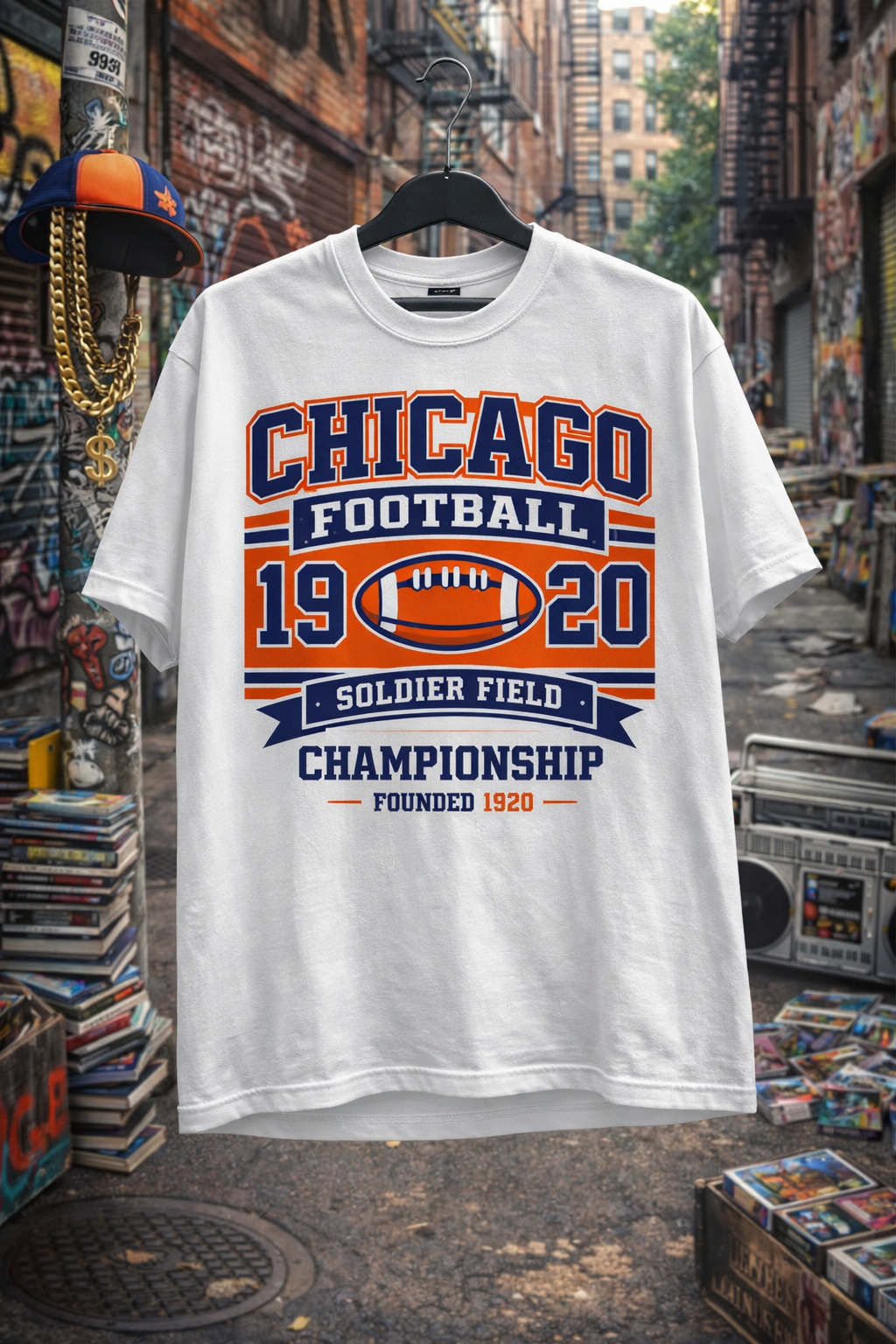 White t-shirt with 'Chicago Football' design on a hanger against an urban background