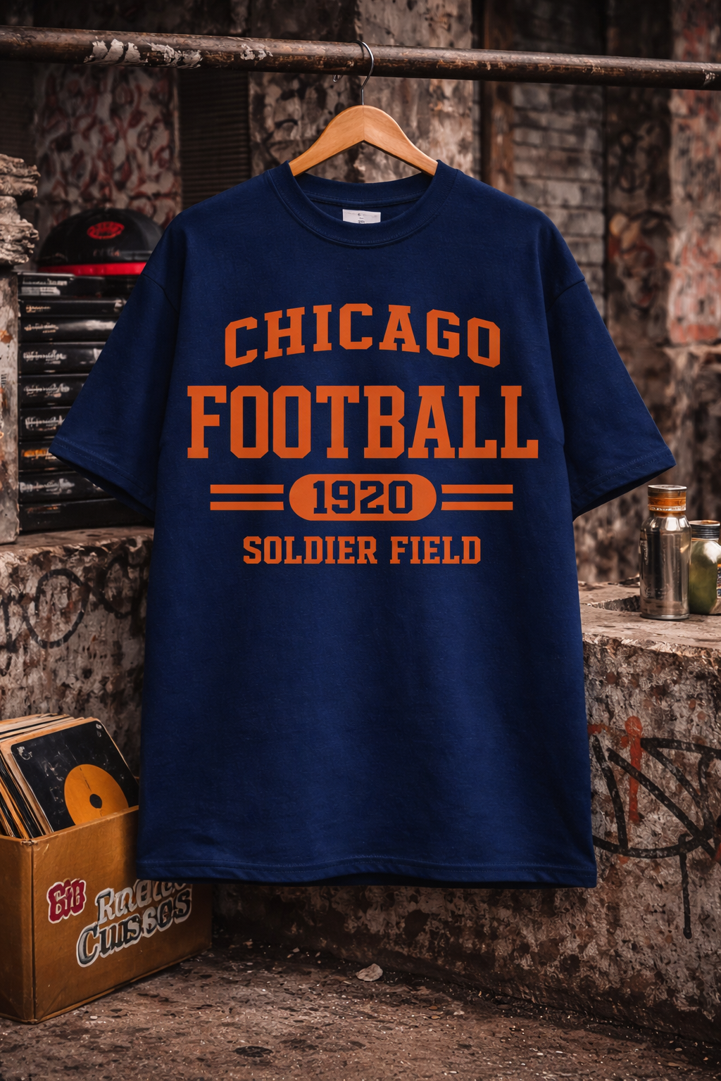 Navy blue t-shirt with orange text 'Chicago Football 1920 Soldier Field' on a hanger against a rustic background.