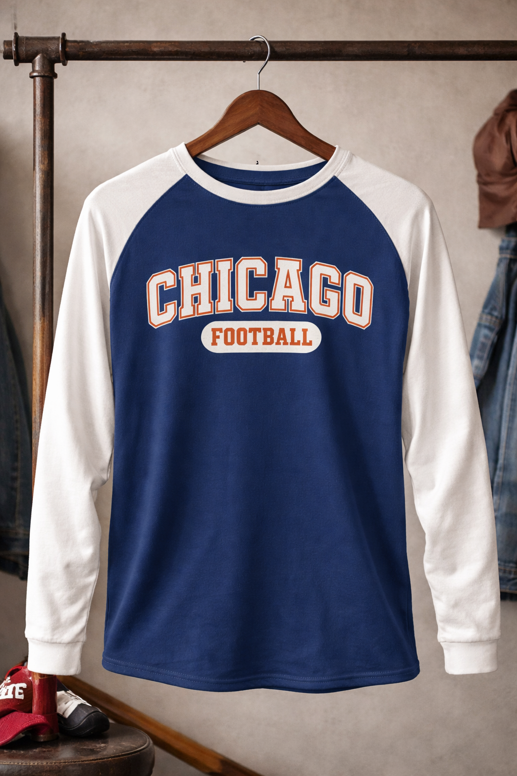 Midnight Blue Chicago Football Blue and White Shirt – Classic Long Sleeve Raglan Game Day Tee