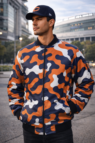 Chicago Football Camo Bomber Jacket – Navy Orange Game Day Streetwear Jacket – breathable comfort wear, nfl fan apparel, image 1.0
