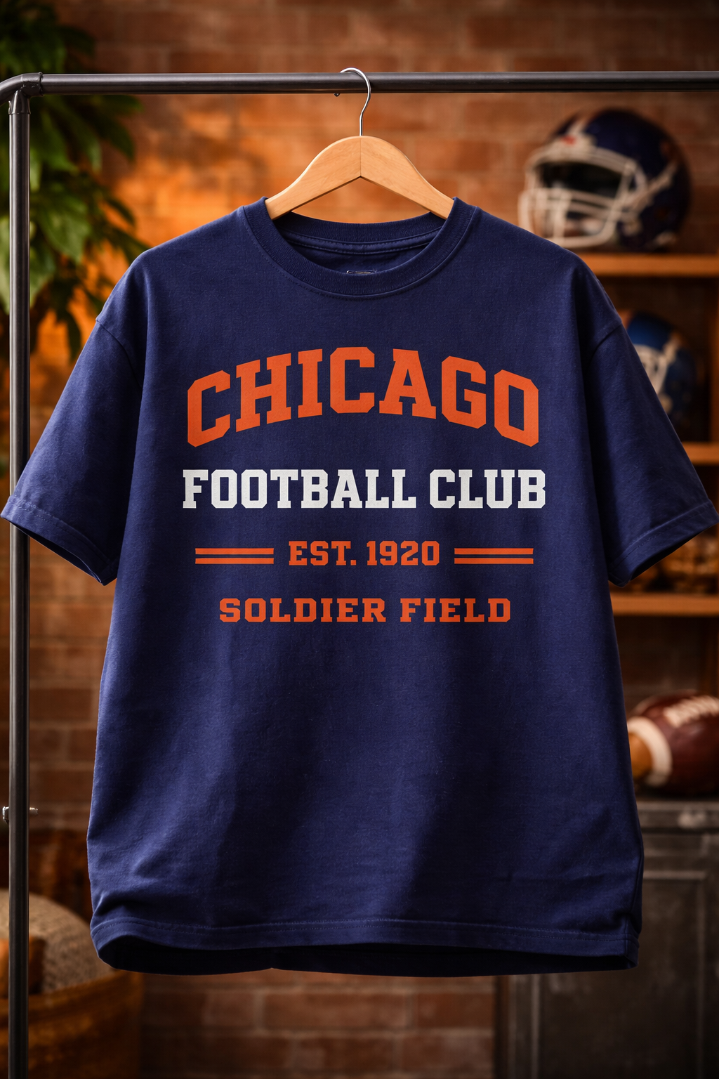 Navy blue t-shirt with 'Chicago Football Club' text on a wooden hanger against a sports-themed background.