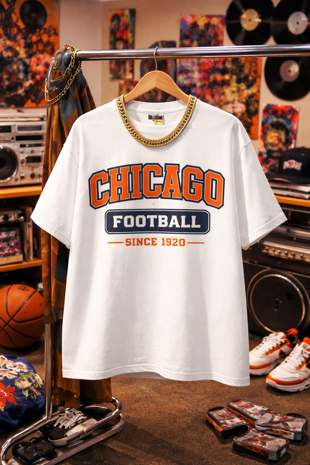 White t-shirt with 'Chicago Football Since 1920' text on a hanger in a store setting.