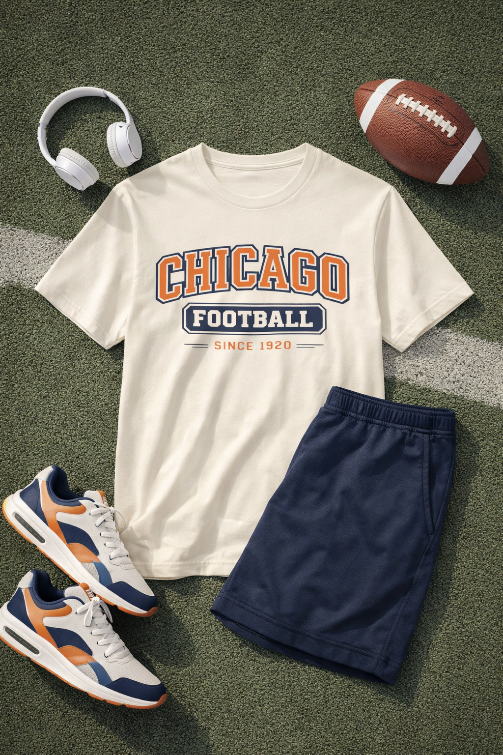White t-shirt with 'Chicago Football' design, navy shorts, white sneakers, headphones, and a football on a green surface.
