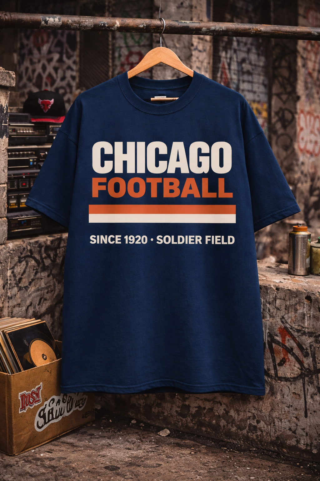 Navy blue t-shirt with 'Chicago Football' text on a hanger against a graffiti-covered wall.
