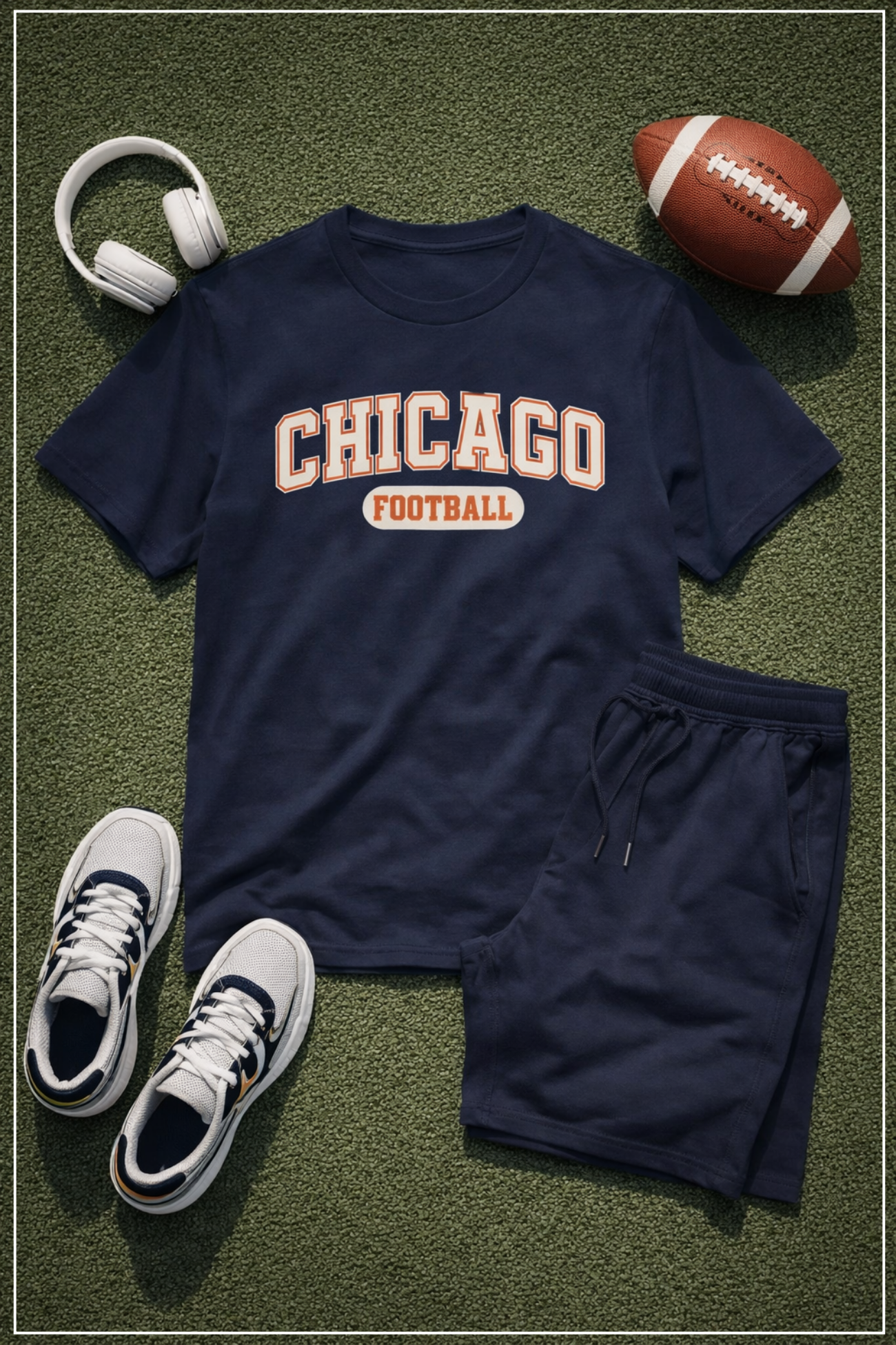 Navy blue t-shirt with 'Chicago Football' text, navy shorts, white sneakers, headphones, and football on a green surface.