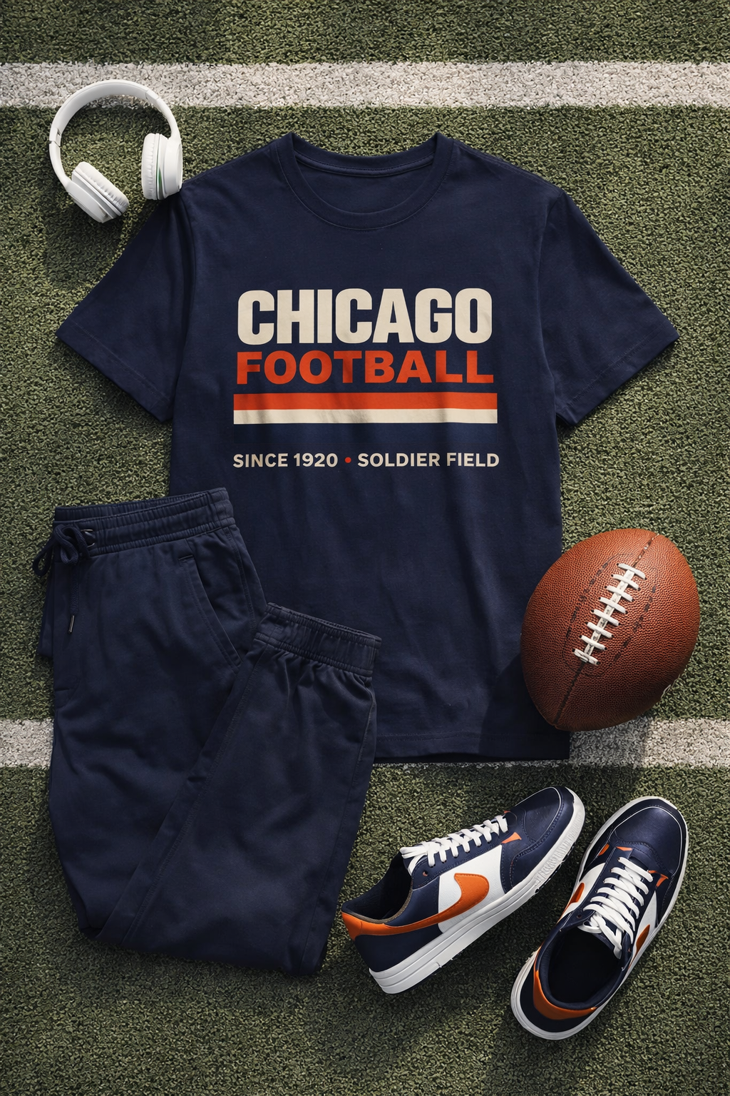 Navy t-shirt with 'Chicago Football' text, navy pants, blue sneakers, football, and headphones on grass.
