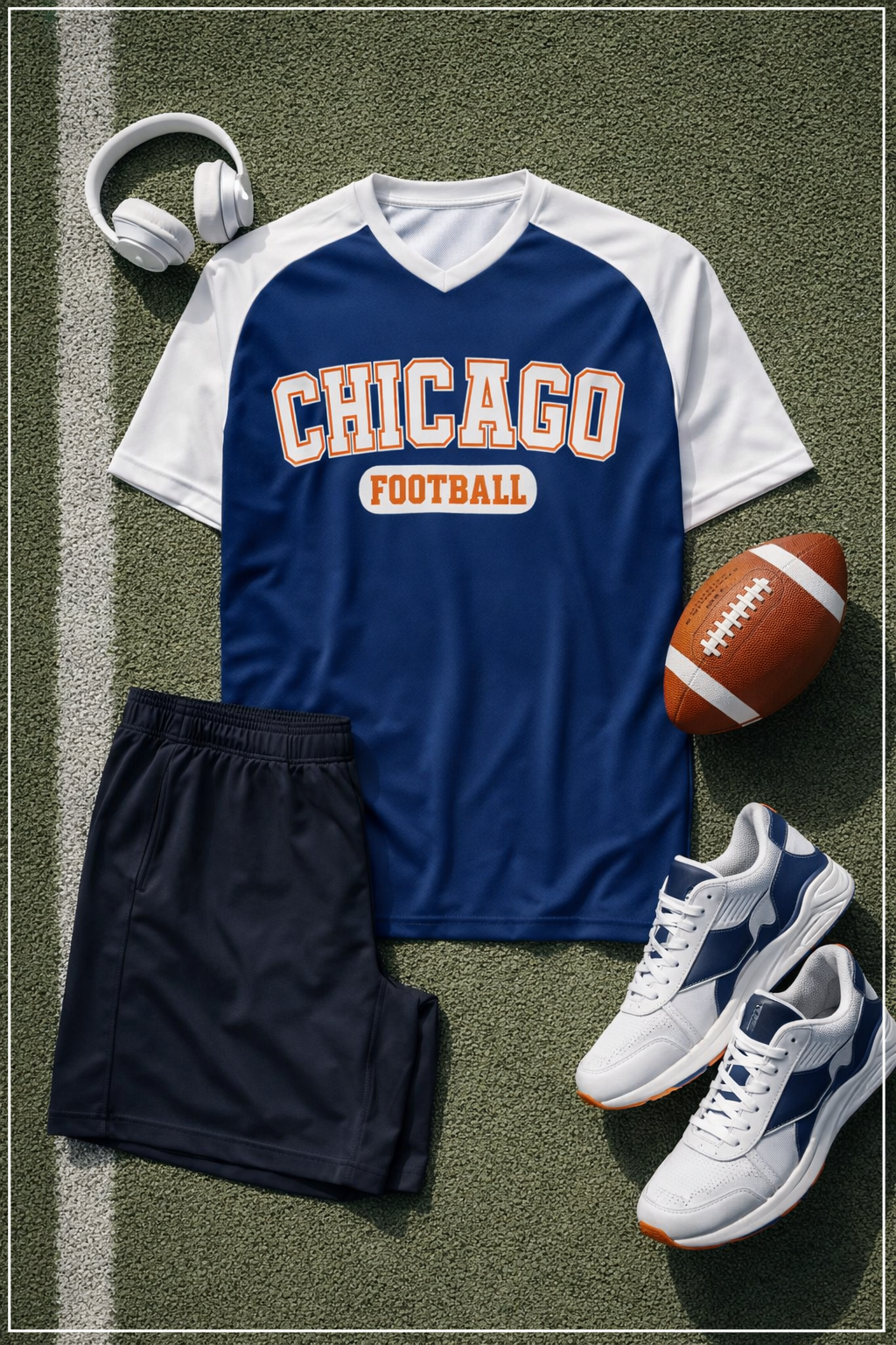 Chicago football-themed shirt with shorts, sneakers, and a football on a grass field.