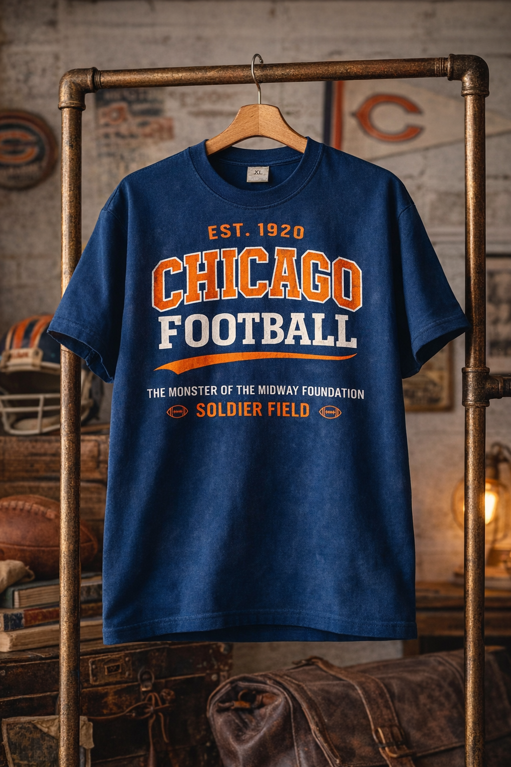 Blue t-shirt with 'Chicago Football' text on a hanger against a rustic background