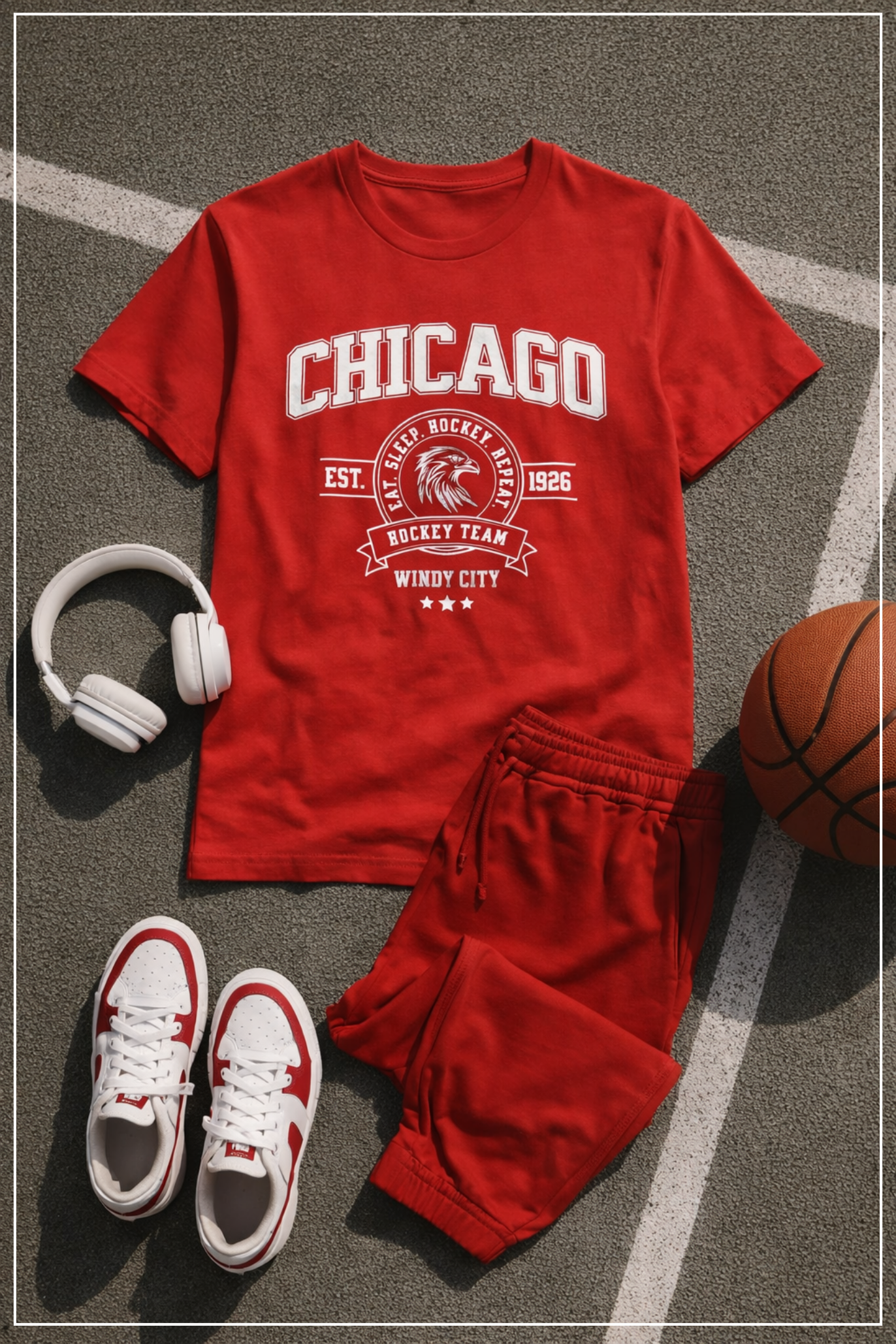 Red 'Chicago' t-shirt with shorts, sneakers, and basketball on a court