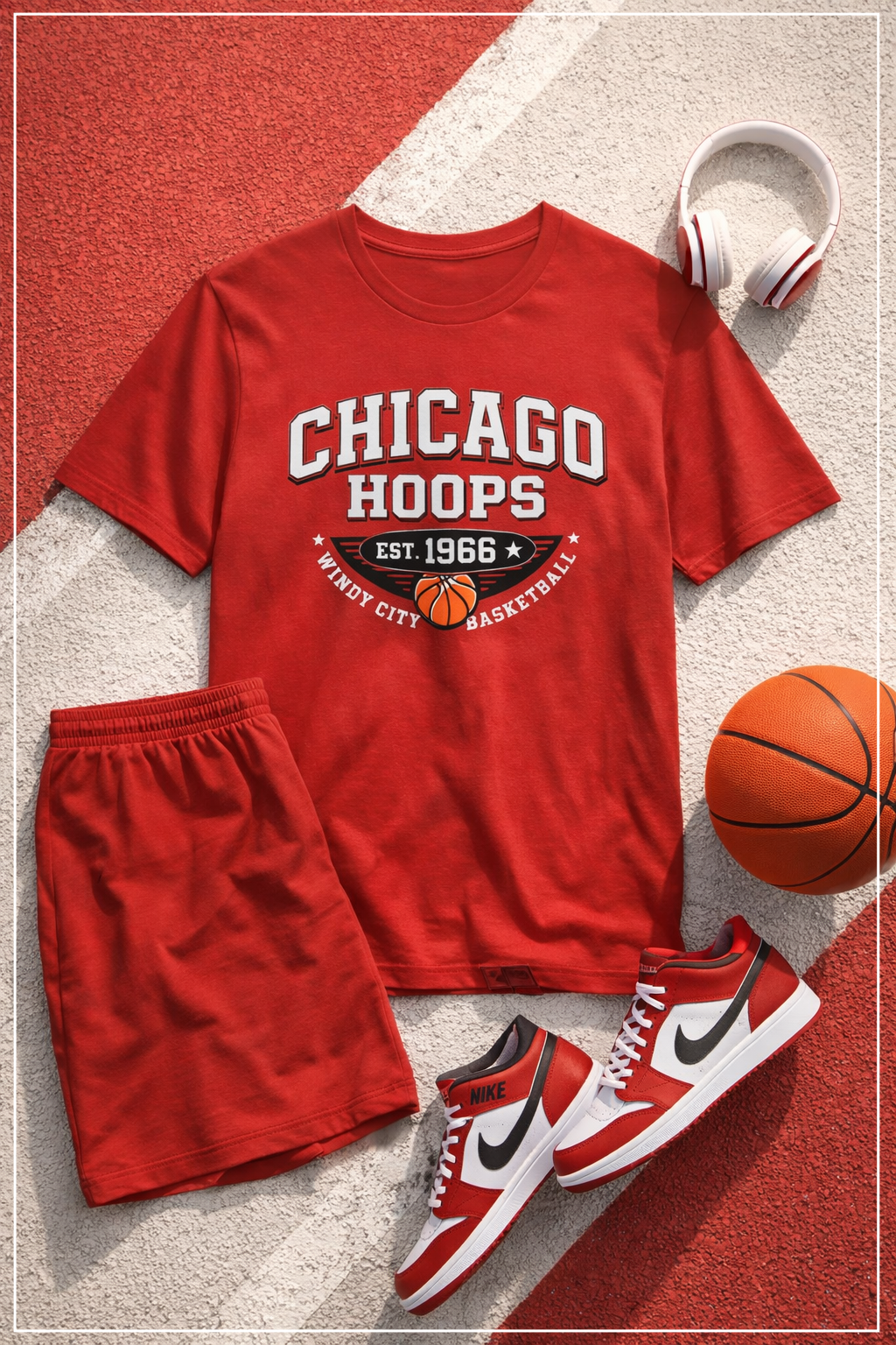 Red 'Chicago Hoops' t-shirt with shorts, sneakers, and a basketball on a textured surface.