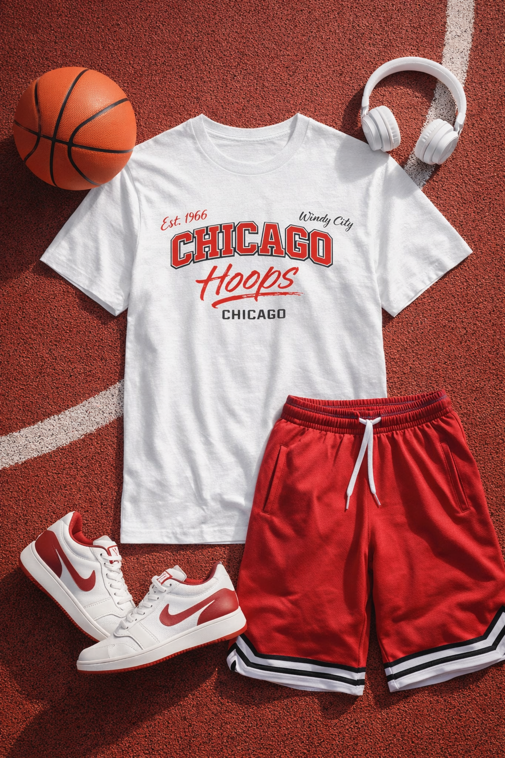 White t-shirt with 'Chicago Hoops' design, red shorts, white sneakers, basketball, and headphones on a red surface.