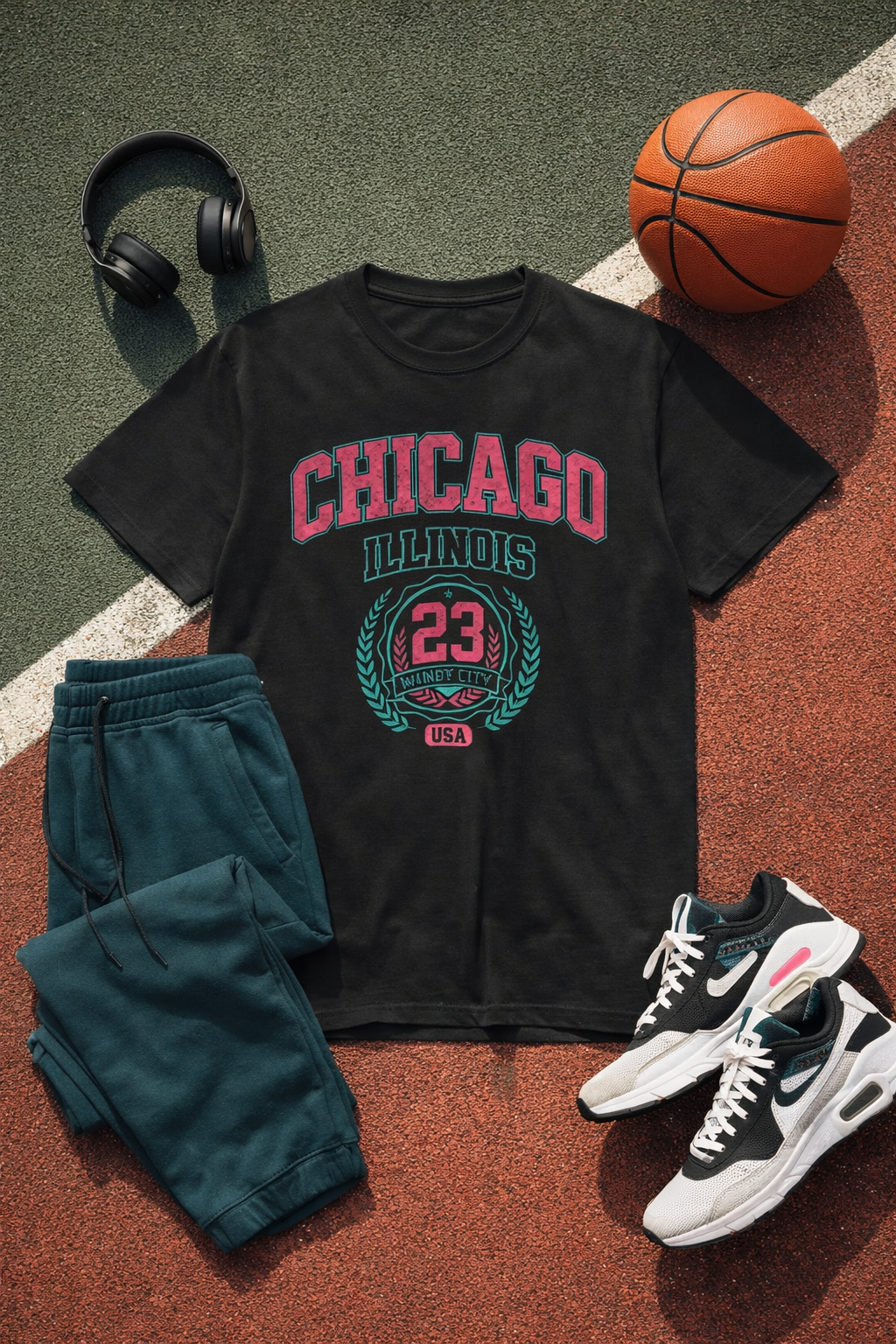 Black t-shirt with 'Chicago Illinois 23' design, blue pants, white sneakers, and basketball on a sports court.