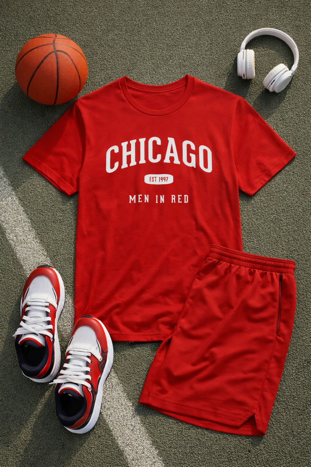 Red 'Chicago Men in Red' t-shirt with shorts, basketball, sneakers, and headphones on a textured surface.