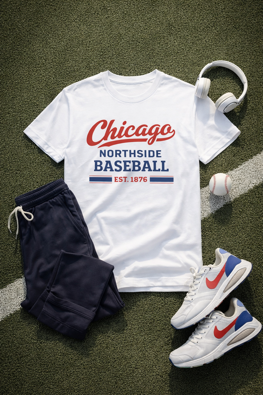 White t-shirt with 'Chicago Northside Baseball' text, navy shorts, white sneakers with red and blue accents, and a baseball on a grassy field.