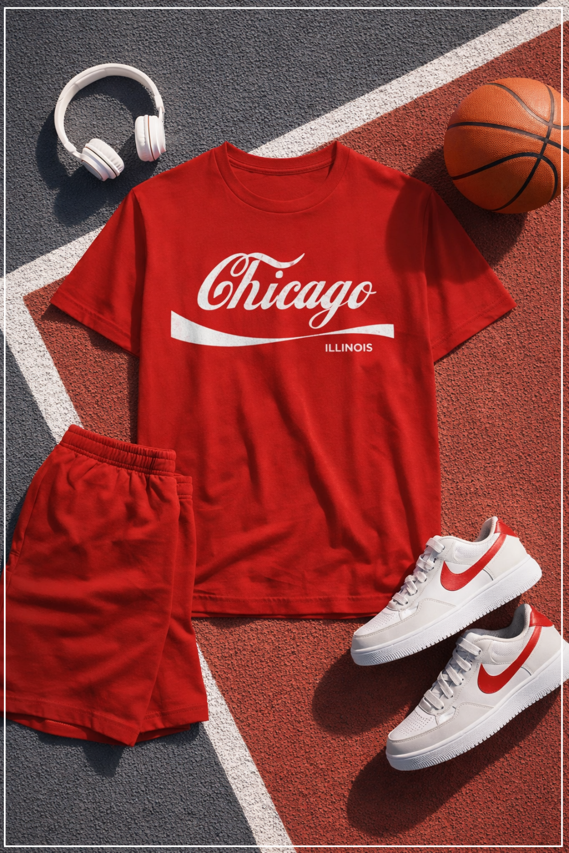 Red 'Chicago Illinois' t-shirt with shorts, sneakers, and a basketball on a sports court.