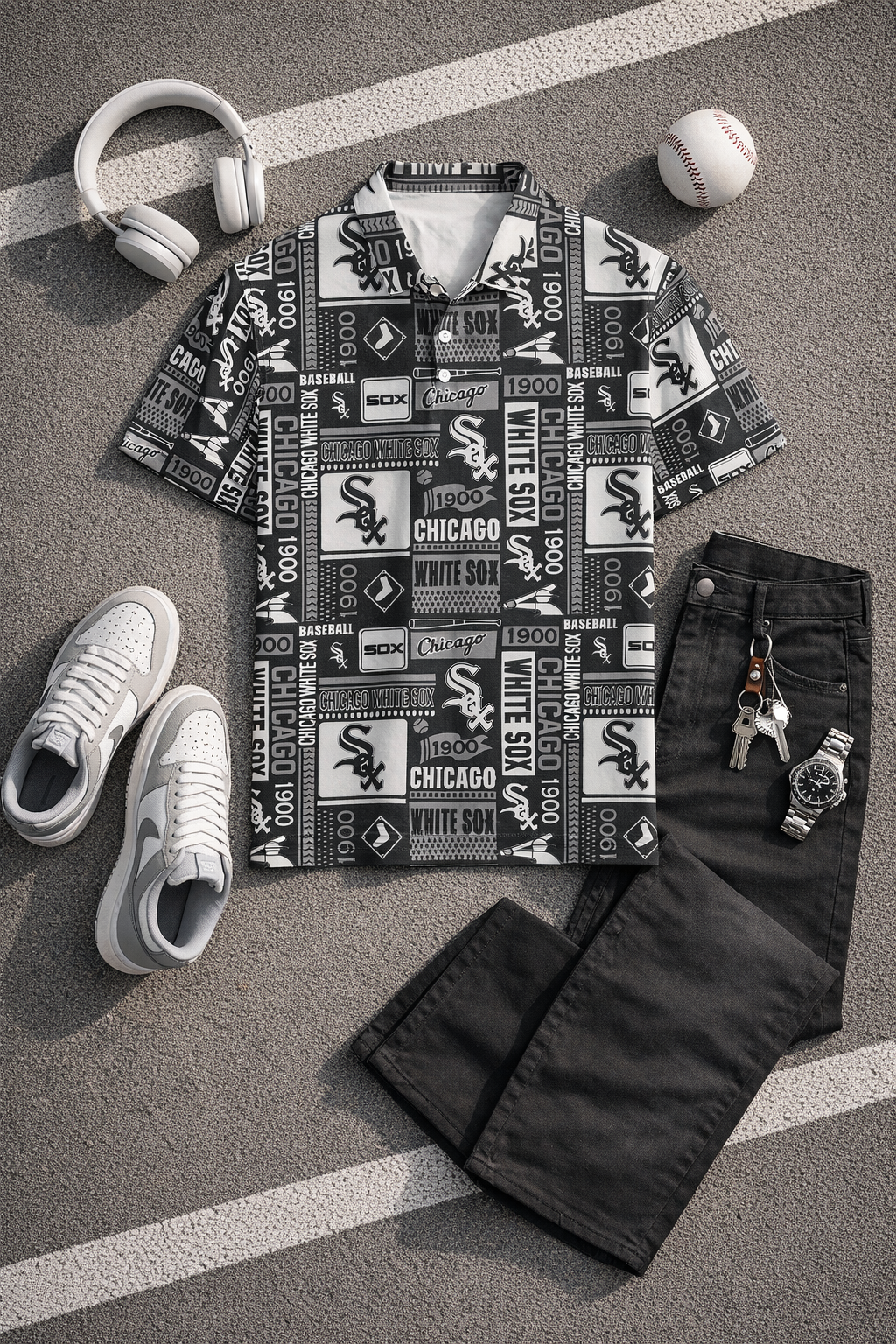 Fashionable outfit with patterned shirt, black jeans, white sneakers, and accessories on a gray surface.