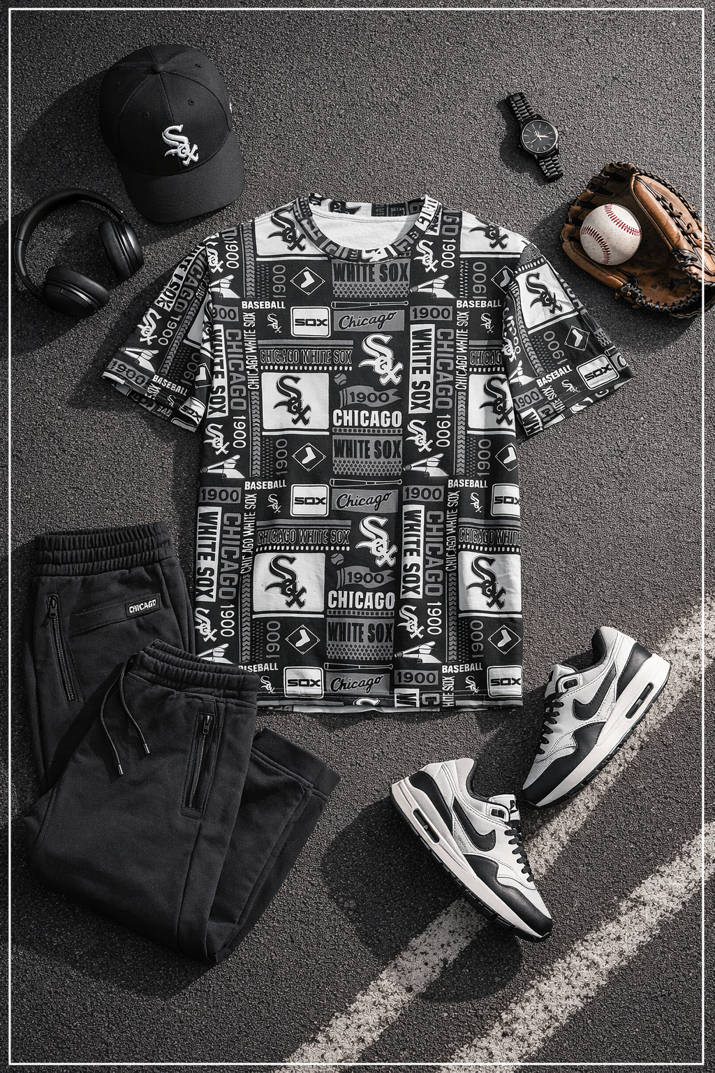 Black and white sports-themed outfit with t-shirt, shorts, sneakers, and accessories on a textured surface.