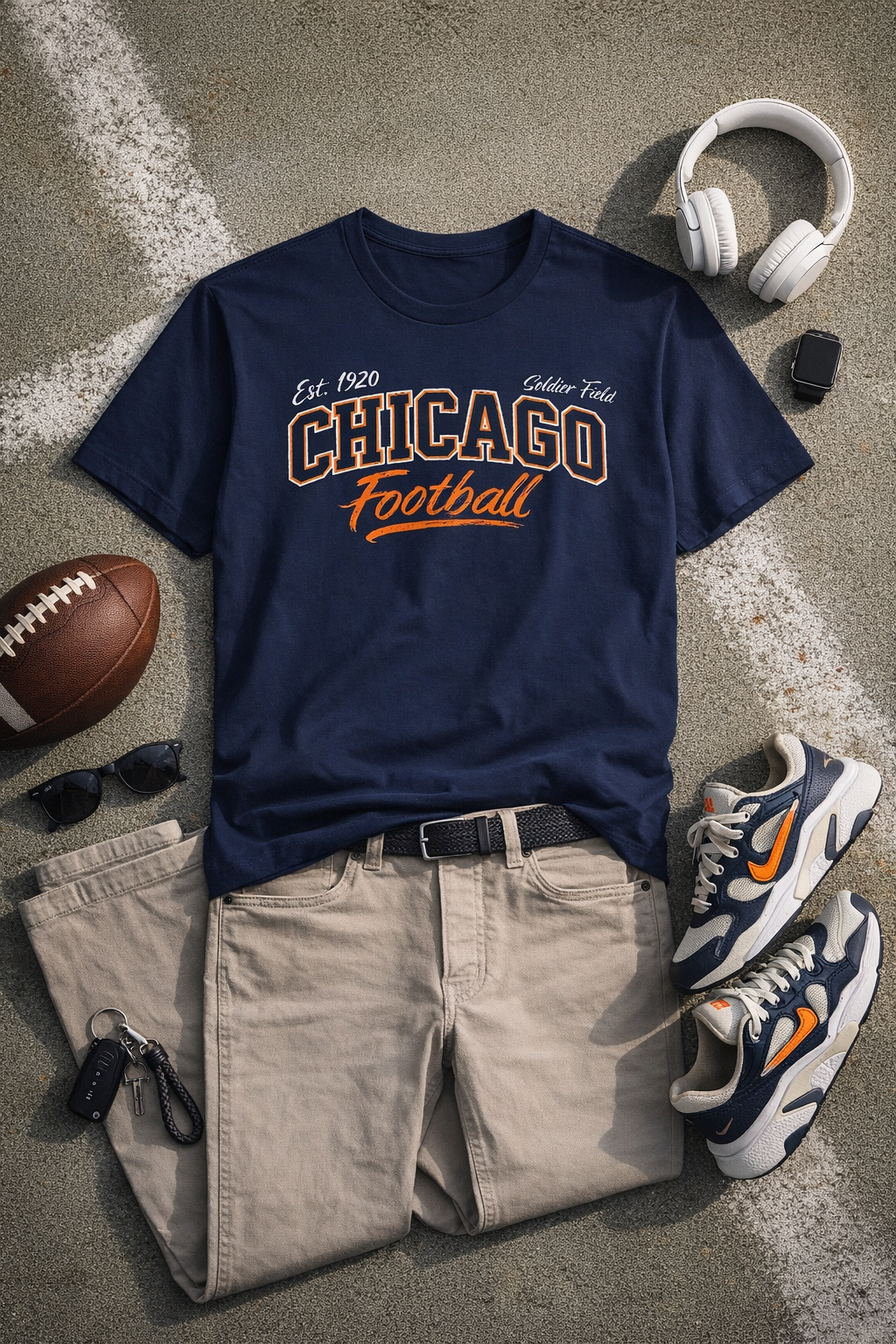 Navy blue t-shirt with 'Chicago Football' text, beige shorts, sneakers, football, sunglasses, and headphones on a textured surface.