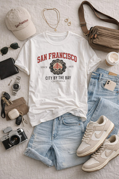San Francisco-themed t-shirt with casual clothing and accessories on a light surface