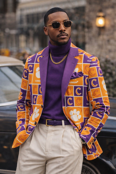 Man wearing a patterned blazer with visible brand logo, standing outdoors.