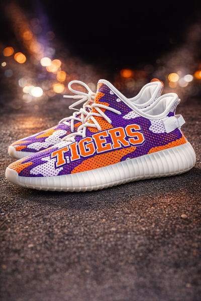 Clemson Tigers Purple Orange Knit Sneakers – Lightweight Athletic Game Day Shoes for Football Fans - ACC football apparel varsity sportswear product image 1.0