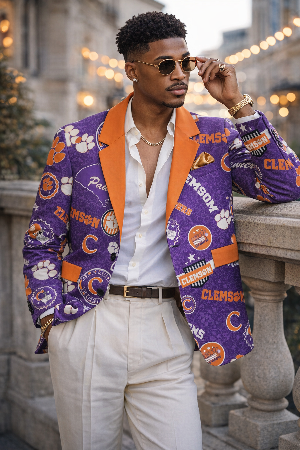 Man wearing a colorful Clemson-themed jacket outdoors.
