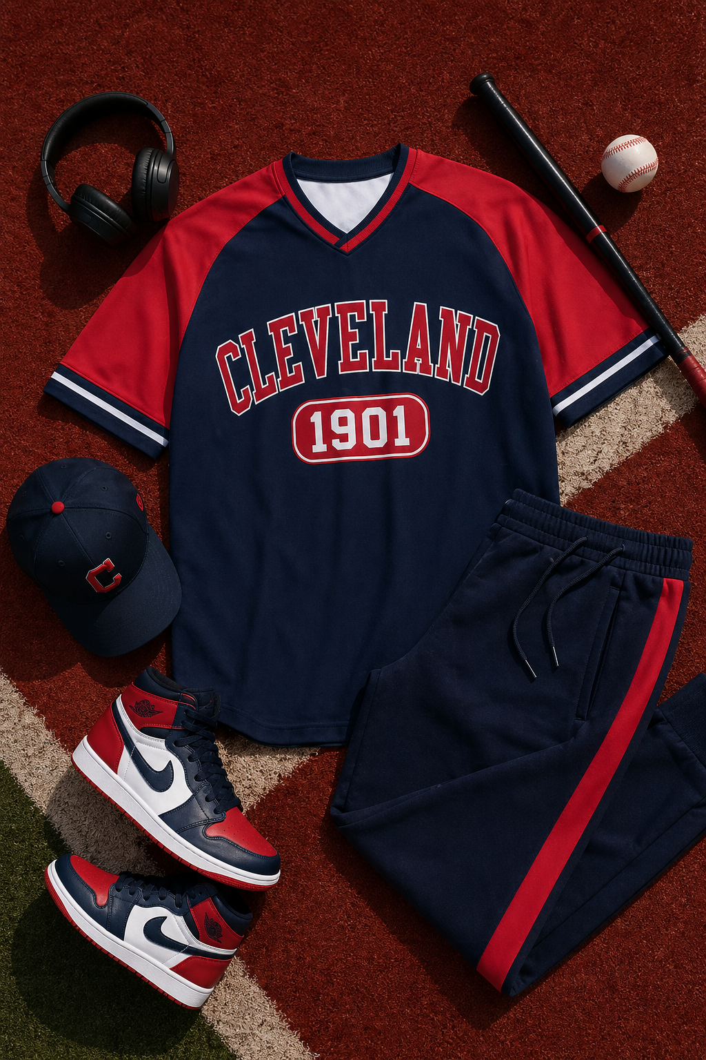 Baseball-themed outfit with 'Cleveland 1901' jersey, shorts, and sneakers on a baseball field background.