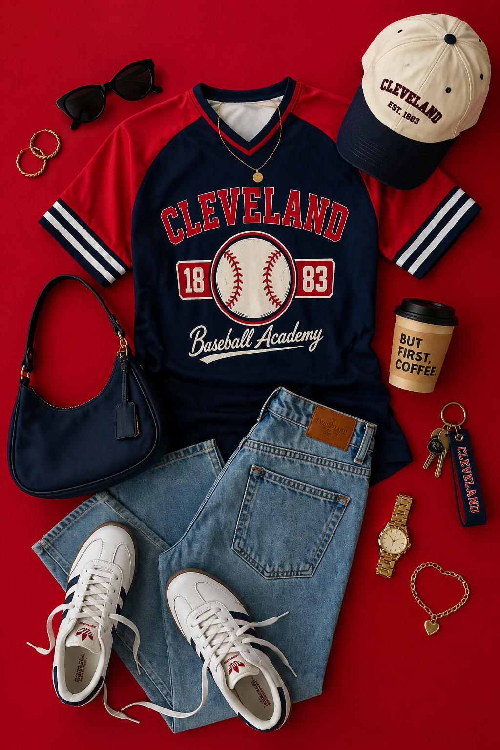 Collection of items including a navy sweatshirt with 'Cleveland Baseball Academy' text, jeans, sneakers, and accessories on a red background.